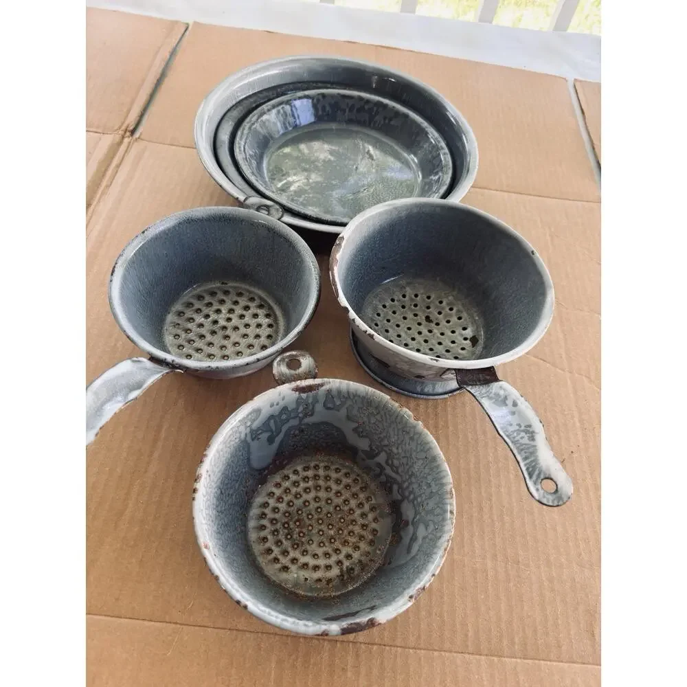 Vintage Gray Swirl Speckled Graniteware Enamelware Pie Pans Colanders Lot 6
